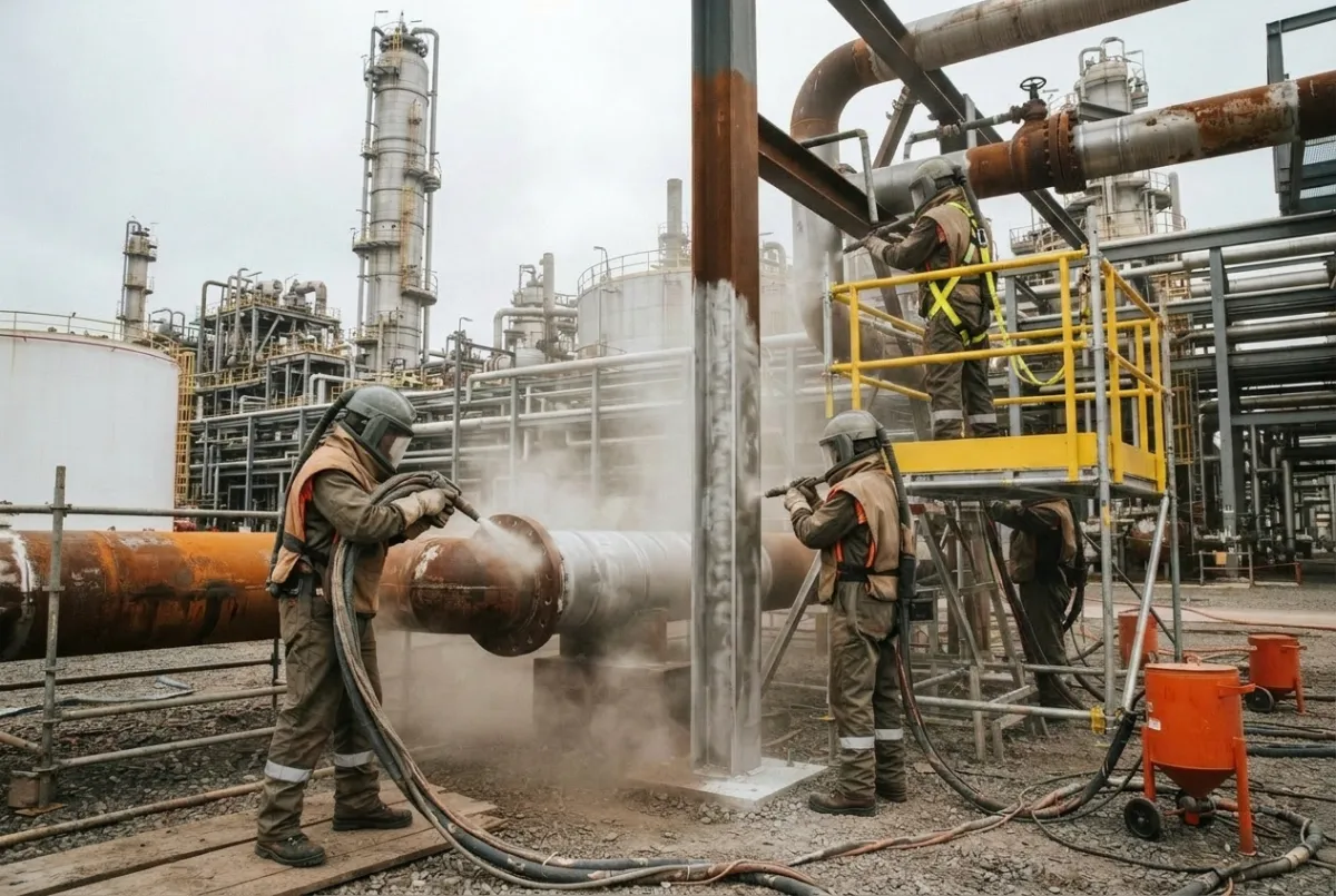 Industrial workers abrasive shot blasting steel pipework at a Teesside oil refinery in full blast PPE