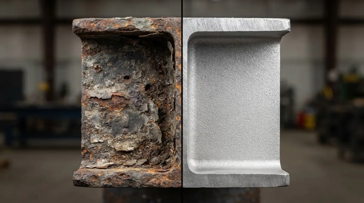 Before and after comparison of corroded steel restored to a clean blast profile through abrasive shot blasting