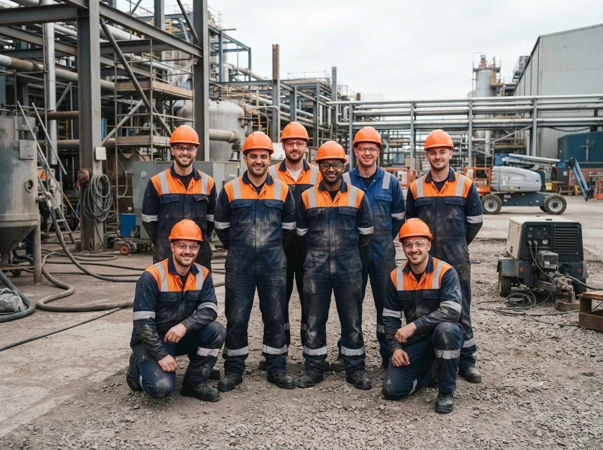 TTeam of industrial shot blasting operatives in matching PPE gathered on-site during an active Teesside project