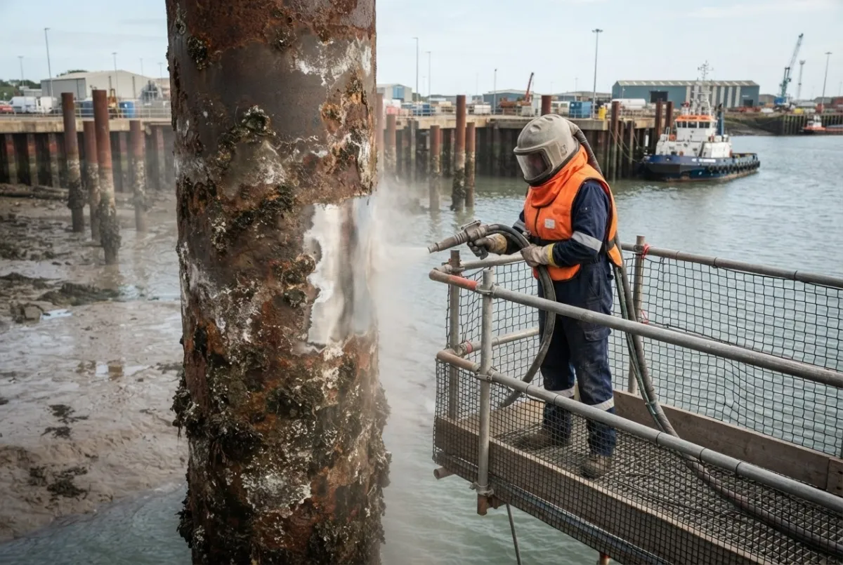 Operative preparing a corroded steel jetty pile in the splash zone at a Teesside coastal site