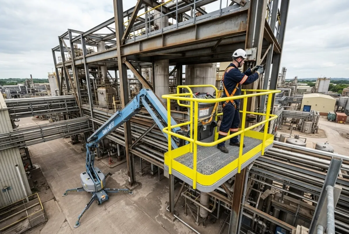 Operative preparing an elevated steel gantry surface from a MEWP, harnessed with full edge protection