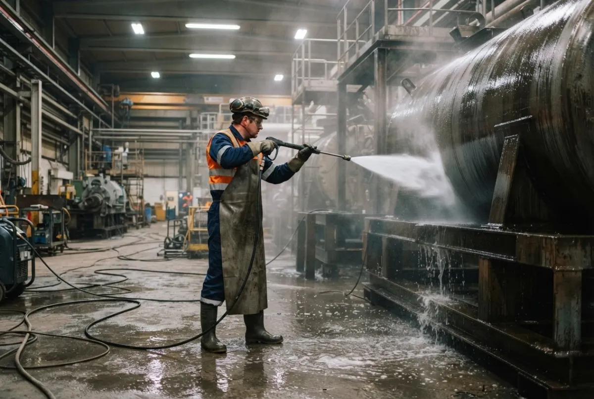 Operative pressure washing factory plant equipment during a planned shutdown in Teesside