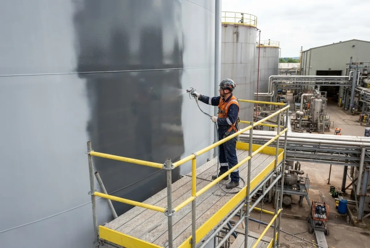 Operative roller-painting a steel storage tank from scaffold at a Teesside industrial plant