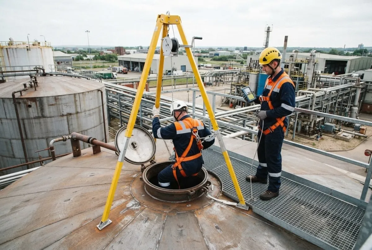 Operative descending into a storage tank on a harness while an attendant monitors gas levels in Teesside