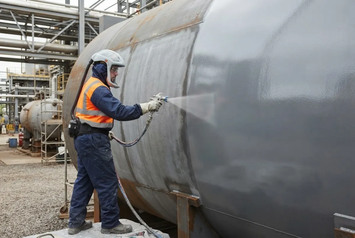 Operative spray-applying a protective coating to a steel structure on a Teesside industrial site