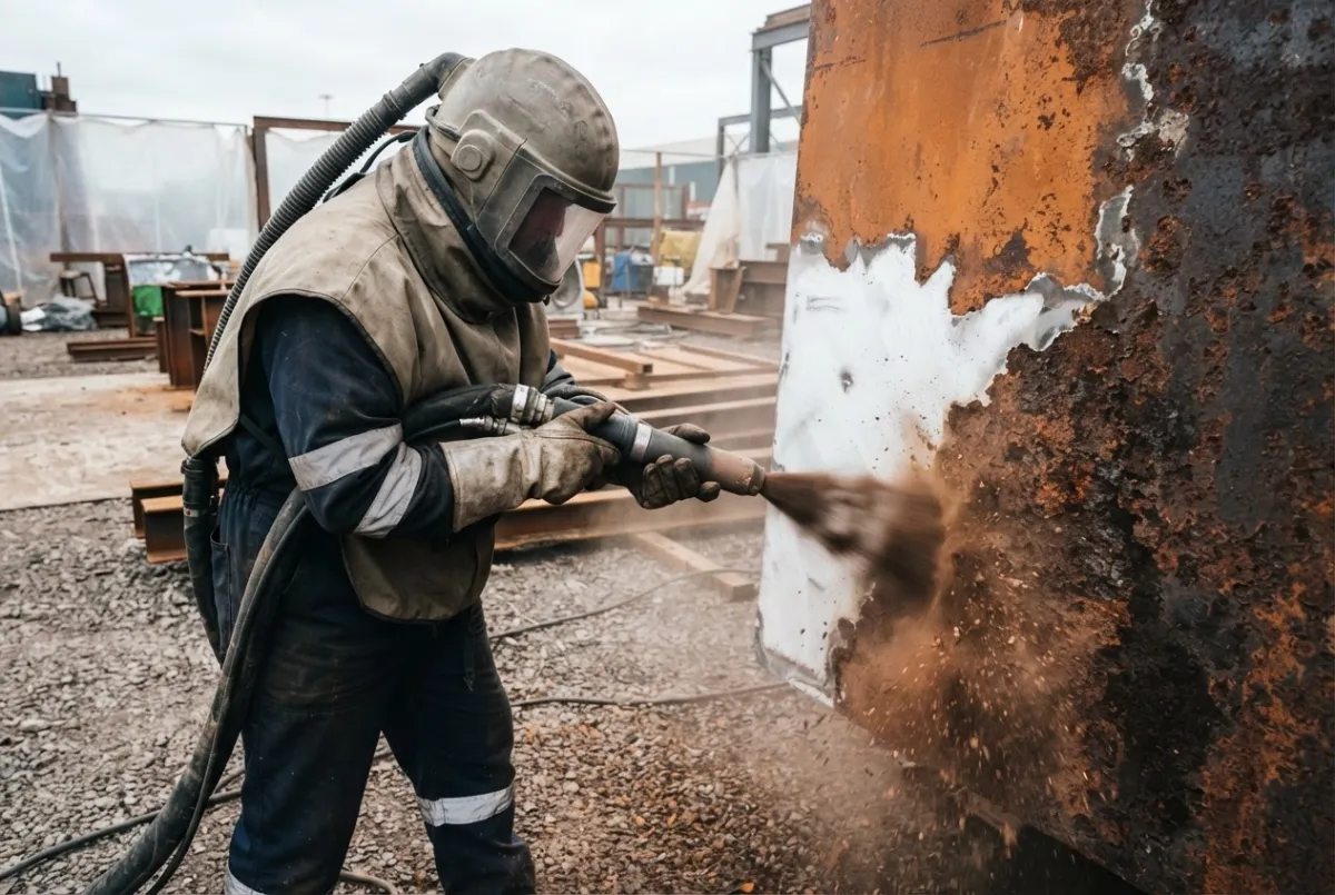 Operative abrasive blasting a corroded steel plate back to bare metal on a Teesside industrial site