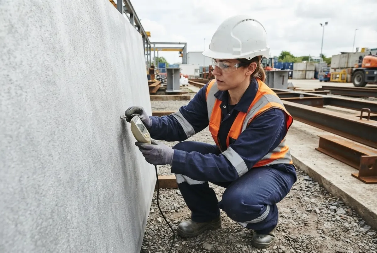 Technician checking a blast-cleaned steel surface with a profile gauge ahead of coating in Teesside