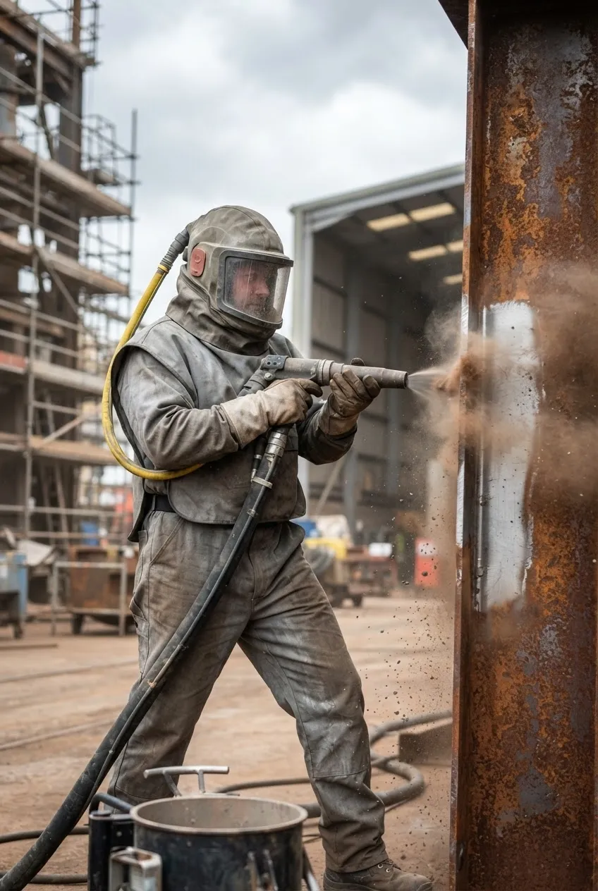 ACS operative in full abrasive blasting suit using a blast hose on a large steel structure on an industrial site