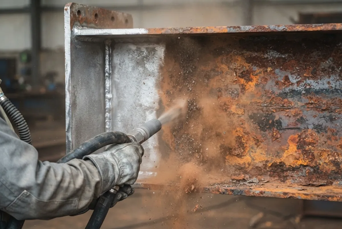 Close-up of abrasive blasting removing rust and old coating from a steel surface, revealing bare metal beneath