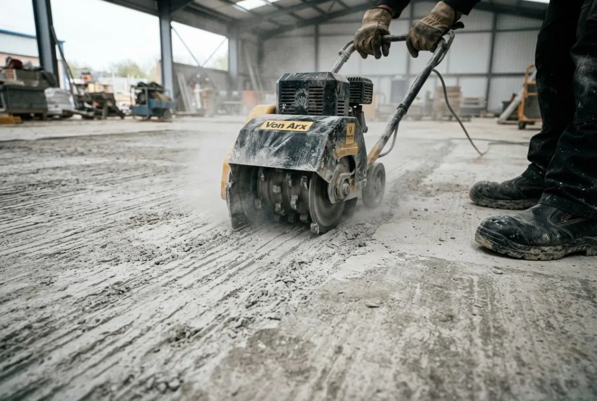 Concrete scarifying machine profiling a dusty industrial floor surface ahead of coating application