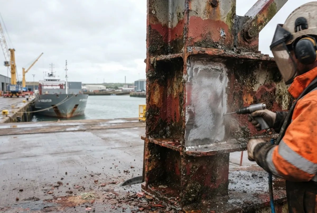 ACS operative in hi-vis blasting a dockside steel structure with harbour vessels visible in the background