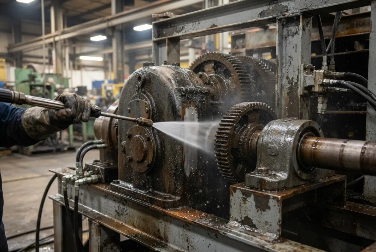 Precision water-jet cleaning of heavy industrial machinery gearing to restore operational condition