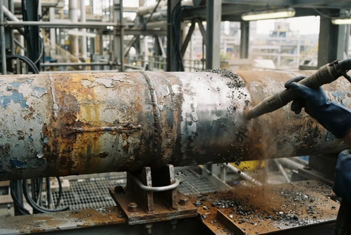 Surface preparation of a large industrial pipe section ahead of internal and external treatment