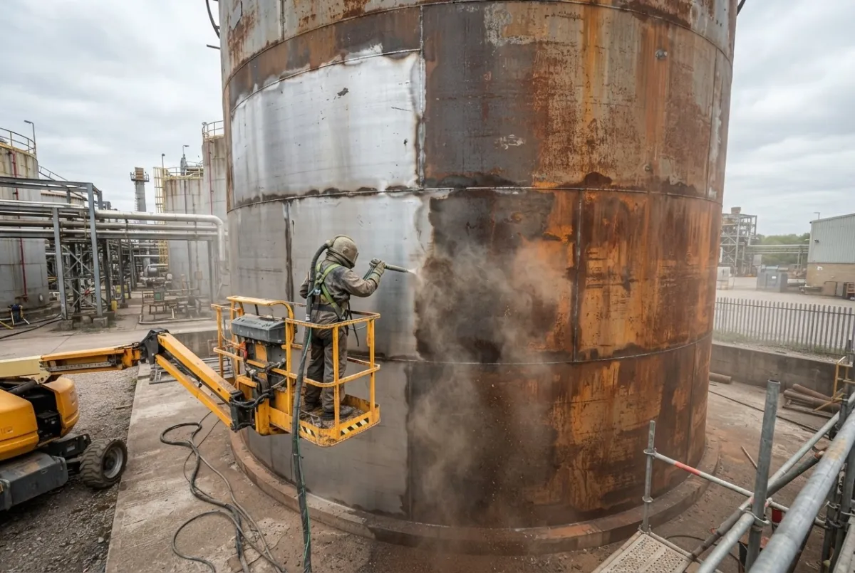 ACS operative on an elevated platform blast cleaning the exterior of a large industrial storage tank