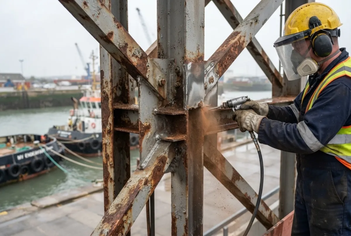 ACS operative in hi-vis and respirator blasting a dockside steel frame structure, harbour vessels in the background