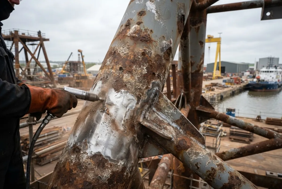 ACS operative blast cleaning a large rusted steel platform component at a dockside yard
