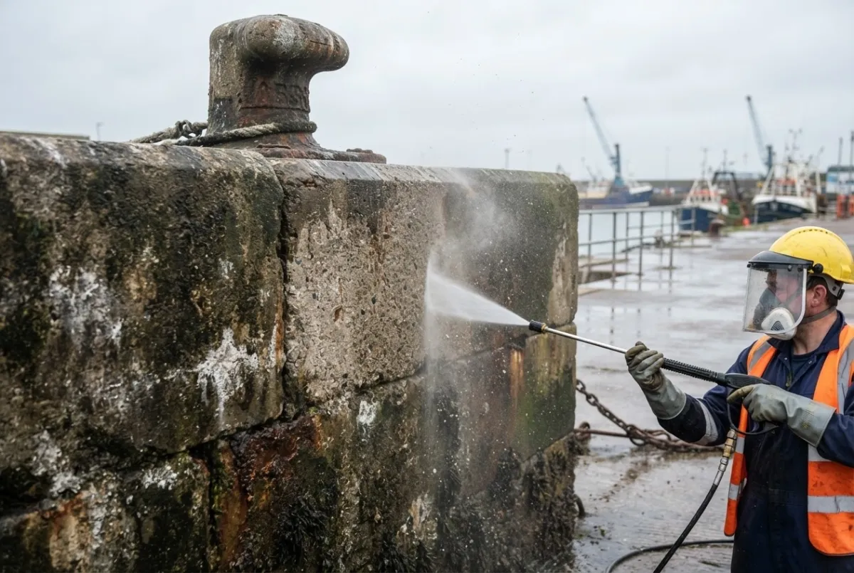 ACS operative pressure cleaning a stone quay wall and mooring bollard at a harbour
