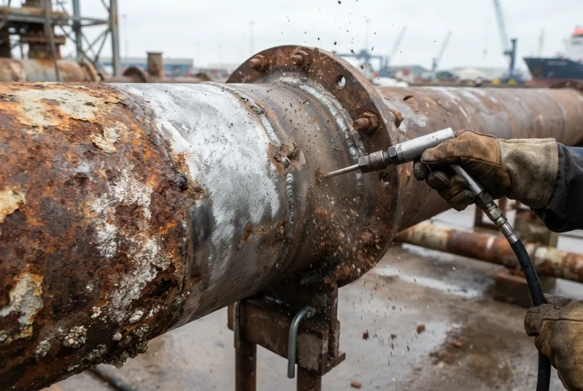 Close-up of abrasive blasting removing corrosion from a large industrial marine pipework section