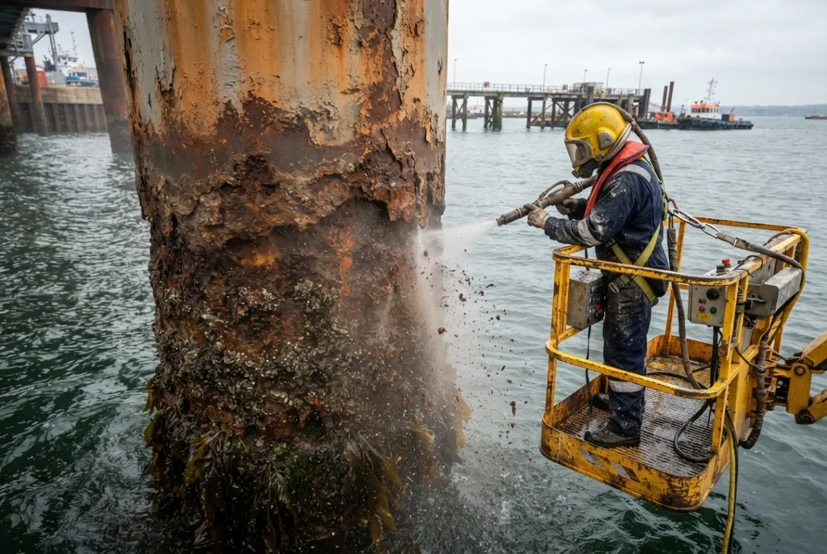 ACS operative on an elevated platform blast cleaning a steel piling column in the splash zone