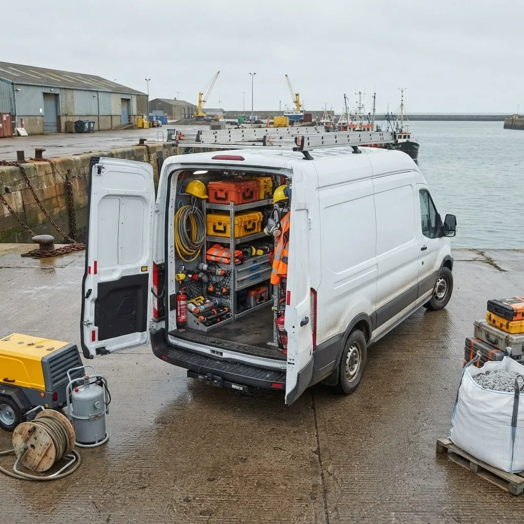 ACS response van fitted out with blasting equipment, hoses, and PPE, parked dockside ready for deployment
