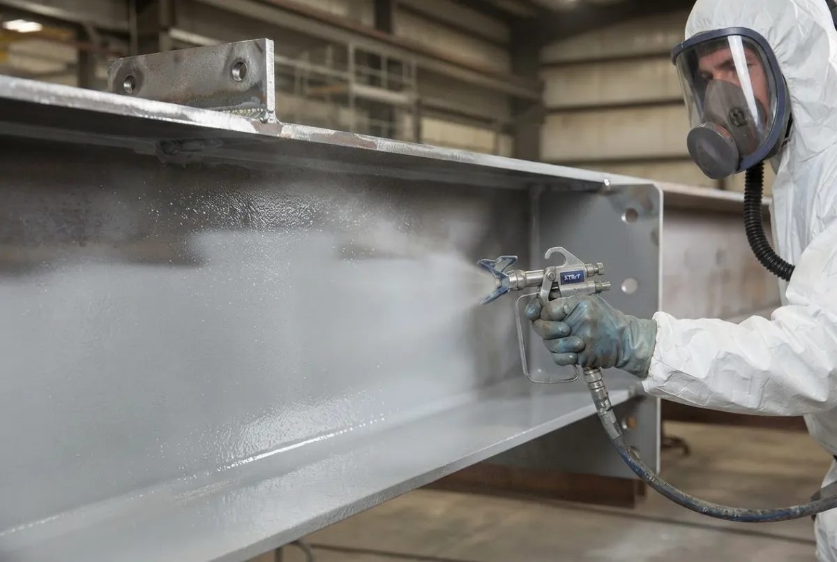 Protective coating being applied to exposed structural steelwork