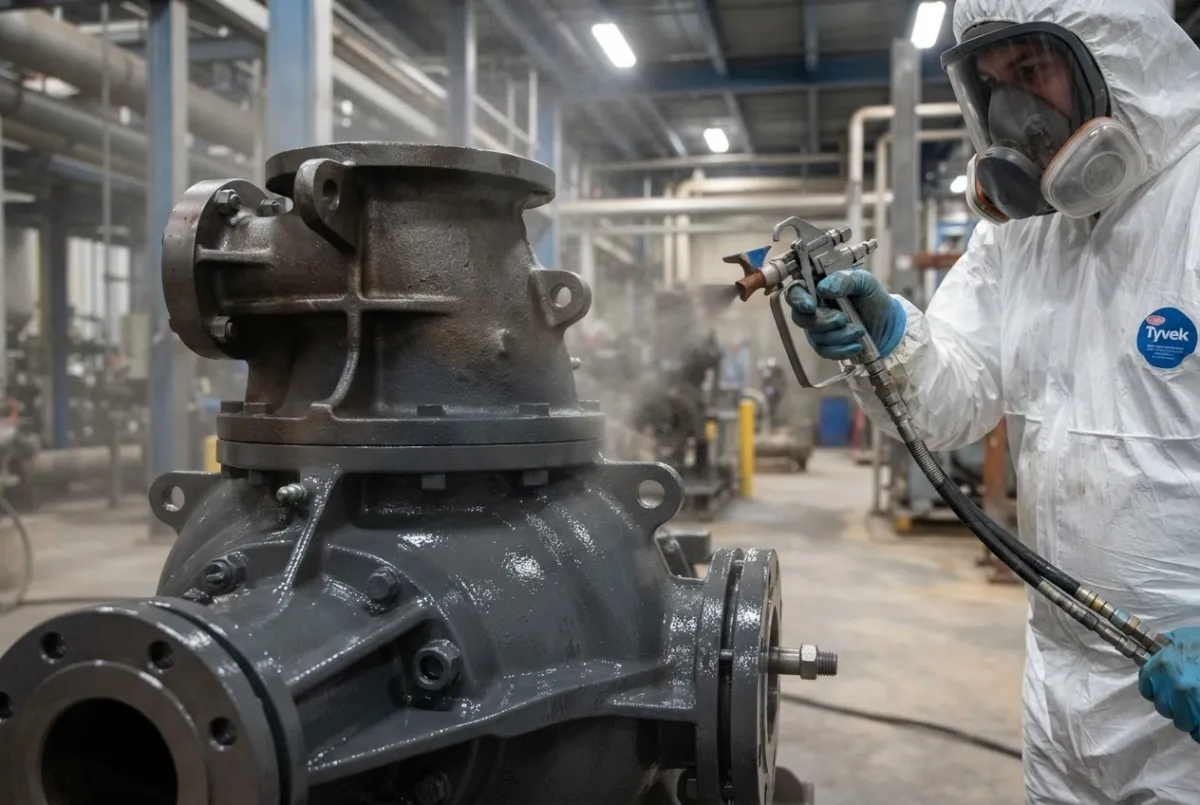 Operative in white coveralls carrying out coating work on industrial plant machinery