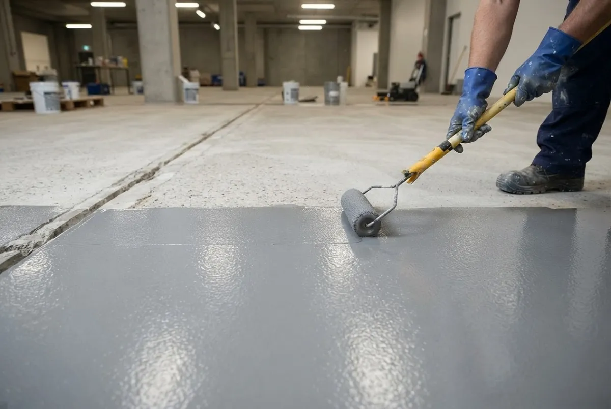 Protective sealant being applied to an industrial concrete floor