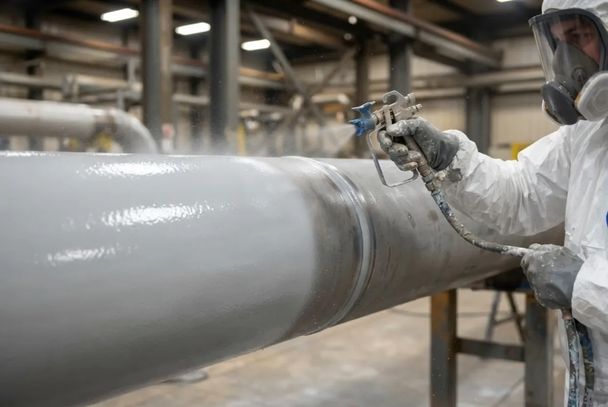 Coated industrial pipework installed in a plant environment