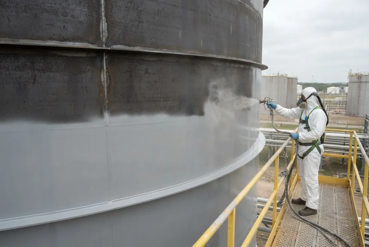 Operative in protective coveralls beside an industrial storage tank