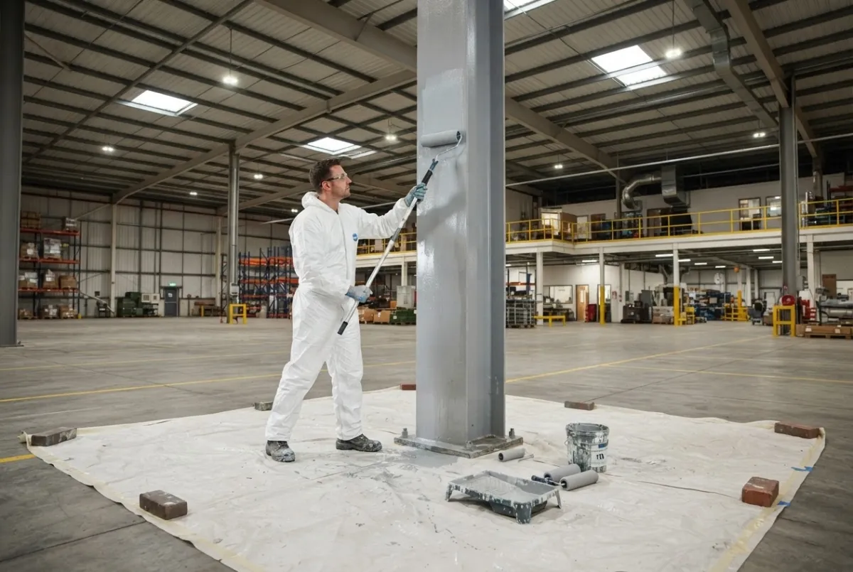 Operative applying protective coating inside a factory or warehouse interior