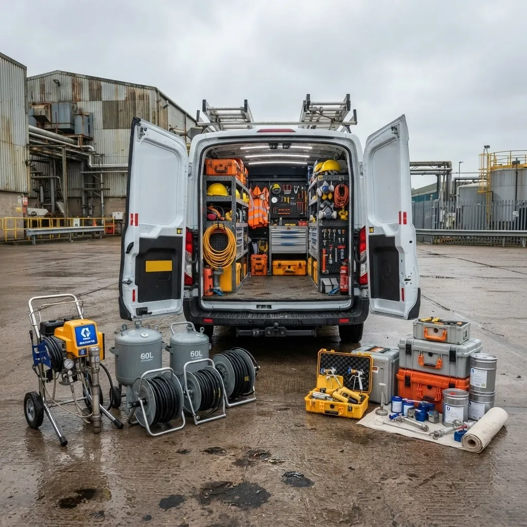 ACS mobile team unloading coating equipment from a liveried van on an industrial site