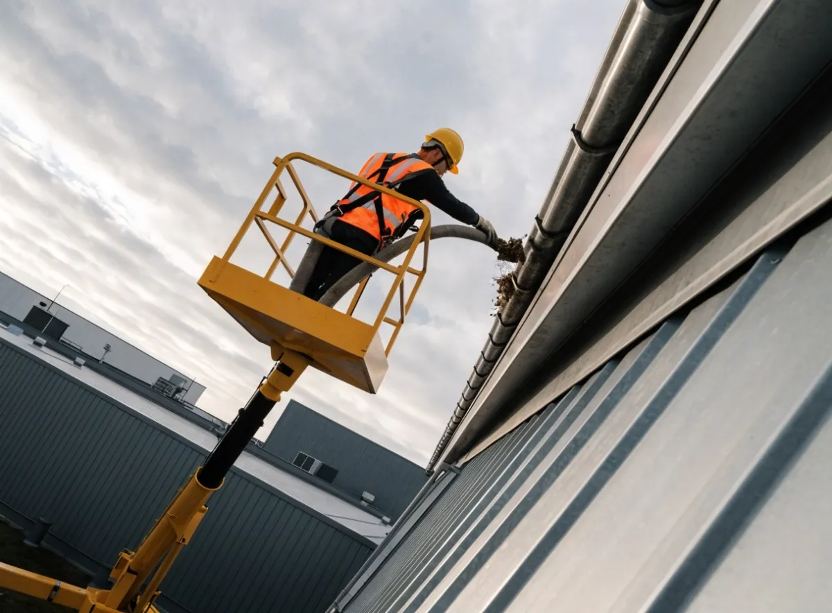 Operative on a cherry picker carrying out high-pressure cleaning of an industrial roof