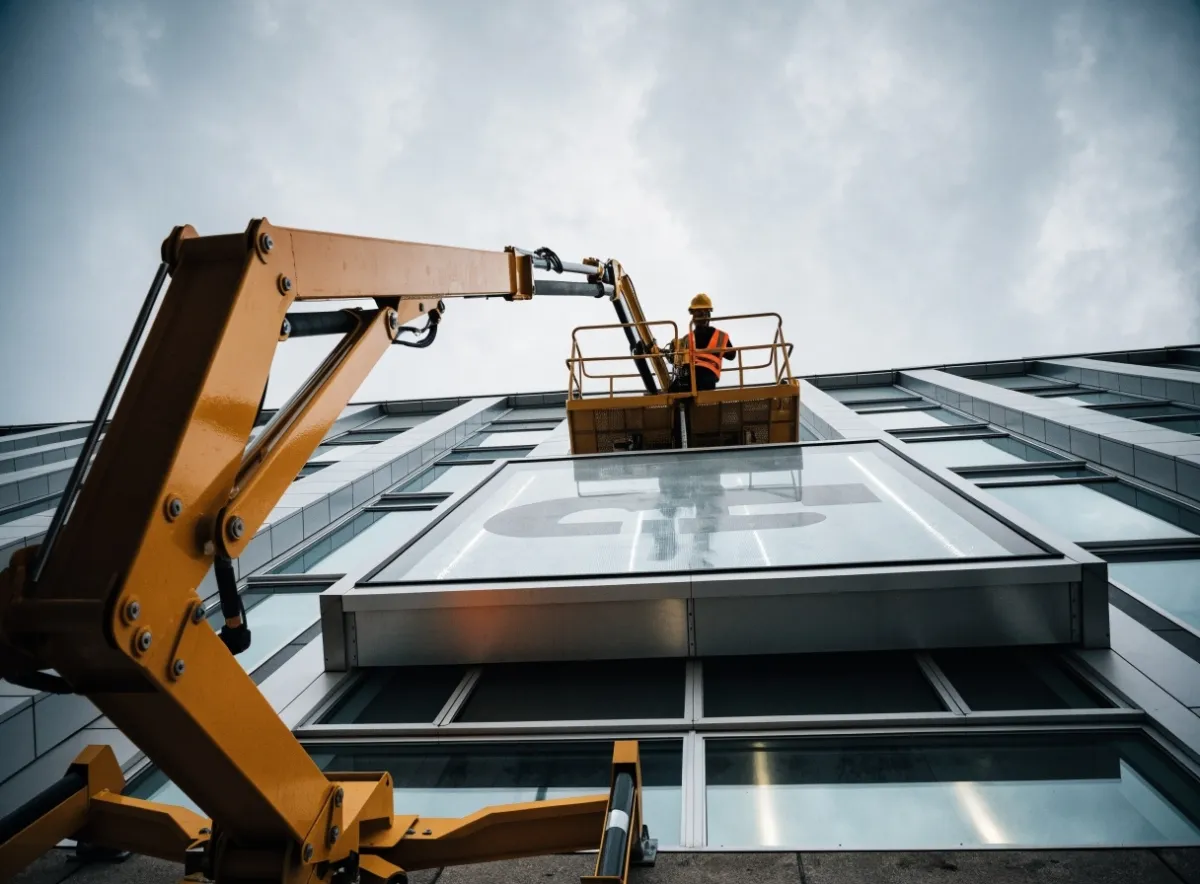 Operative on an elevated platform cleaning external cladding and signage on a building facade
