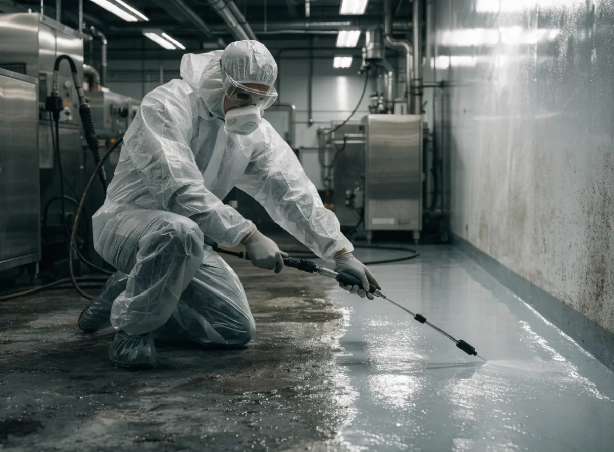 Operative in full protective coveralls carrying out deep cleaning of an internal industrial floor