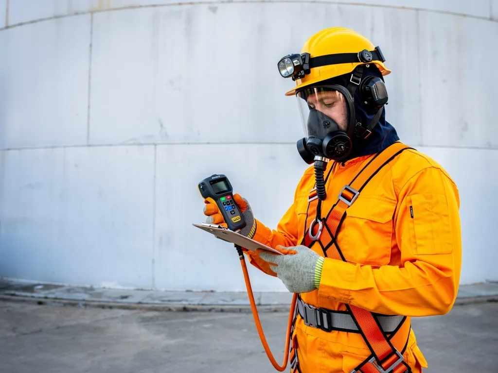Operative in orange coveralls and respirator carrying out high-pressure cleaning inside an industrial storage tank