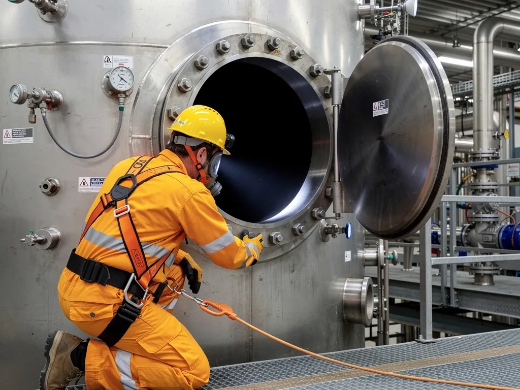 Operative in white protective coveralls decontaminating a hazardous chemical processing vessel
