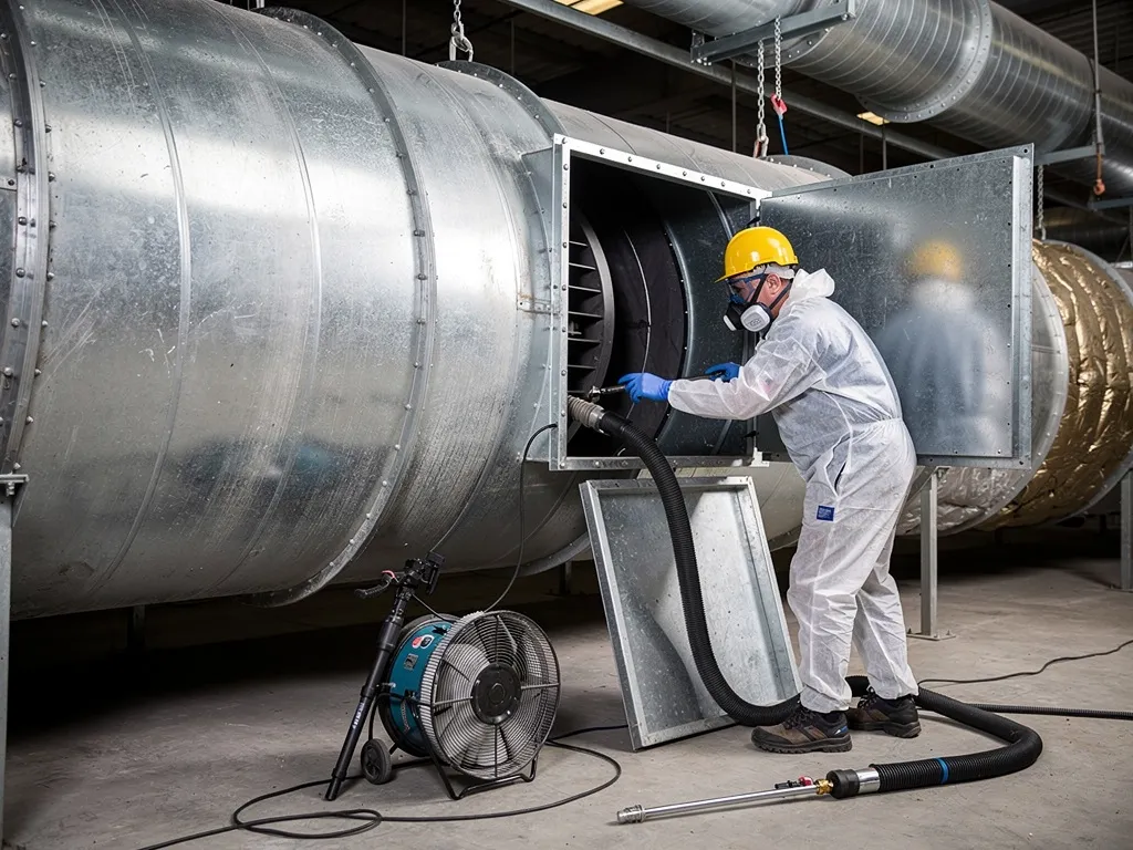 Operative in orange PPE using a handheld light to clean industrial exhaust ductwork