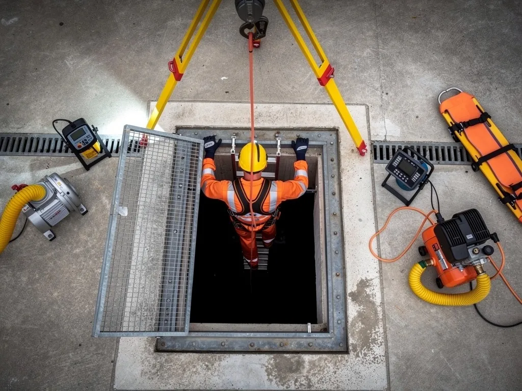 Operative in orange PPE entering a hazardous underground pit or chamber for confined space cleaning