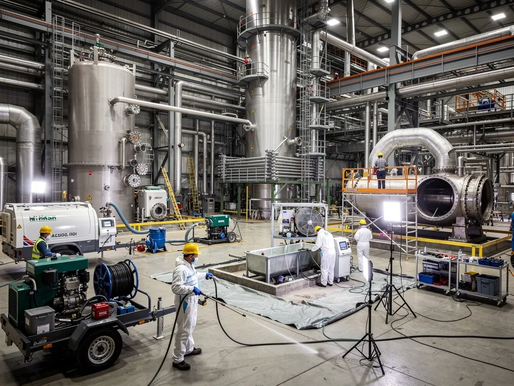Operative in orange PPE carrying out rapid-response deep cleaning inside an industrial vessel during a facility shutdown
