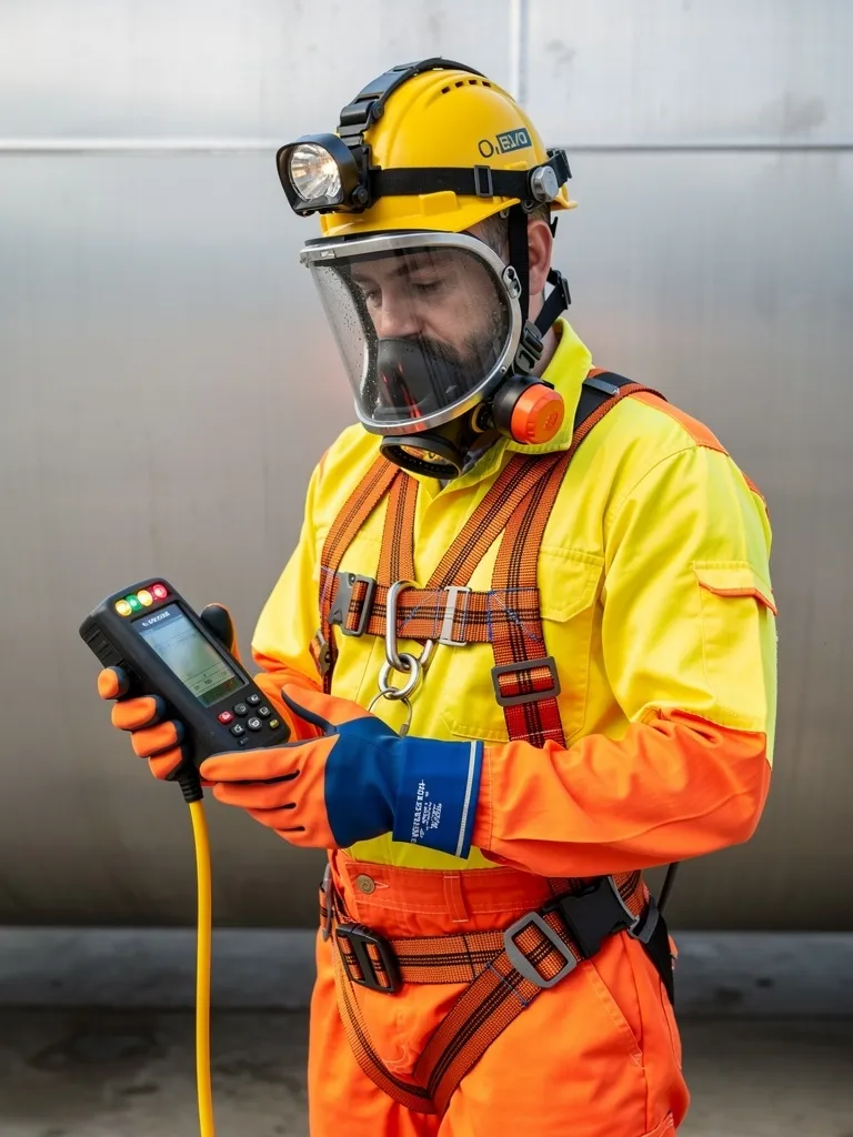 Operative in orange hazmat suit with breathing apparatus and gas monitoring equipment prepared for confined space entry