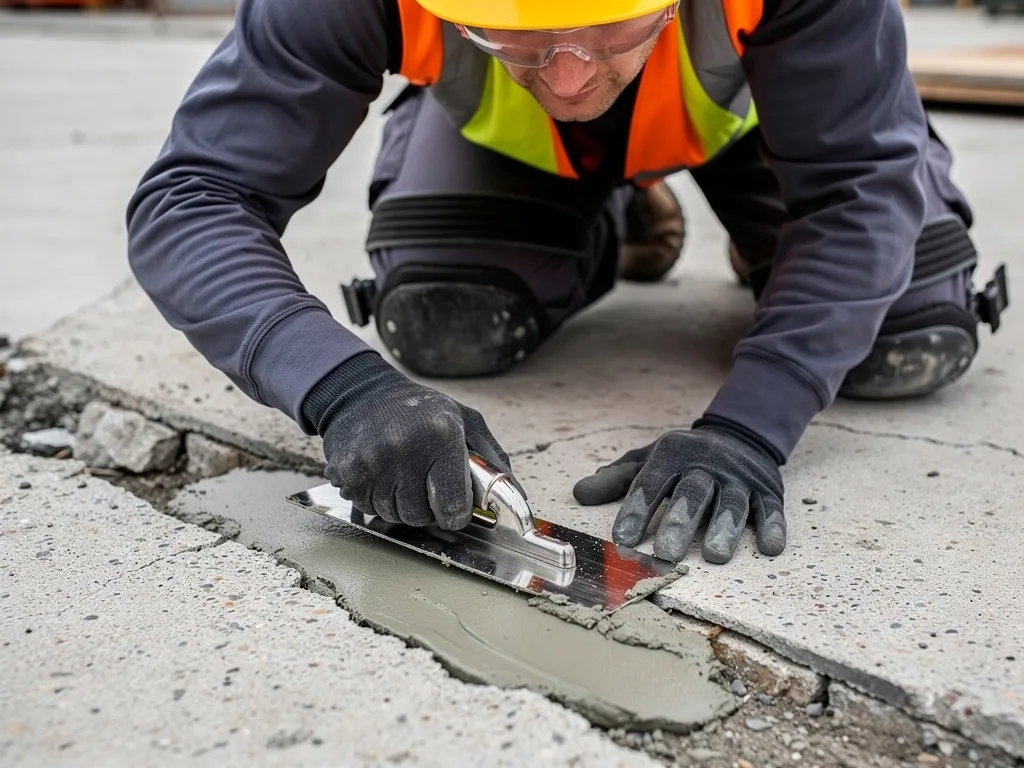 Operative in hi-vis PPE and hard hat using a trowel to repair an industrial concrete floor slab