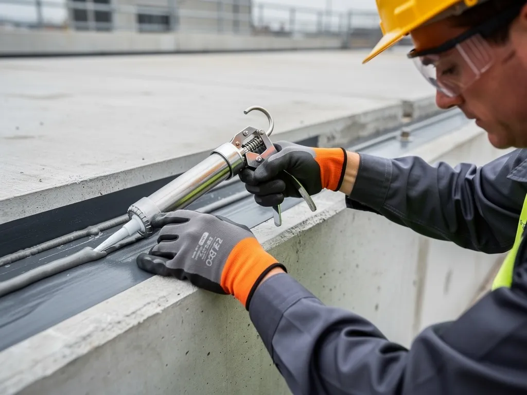 Operative in protective gloves applying sealant to an industrial expansion joint