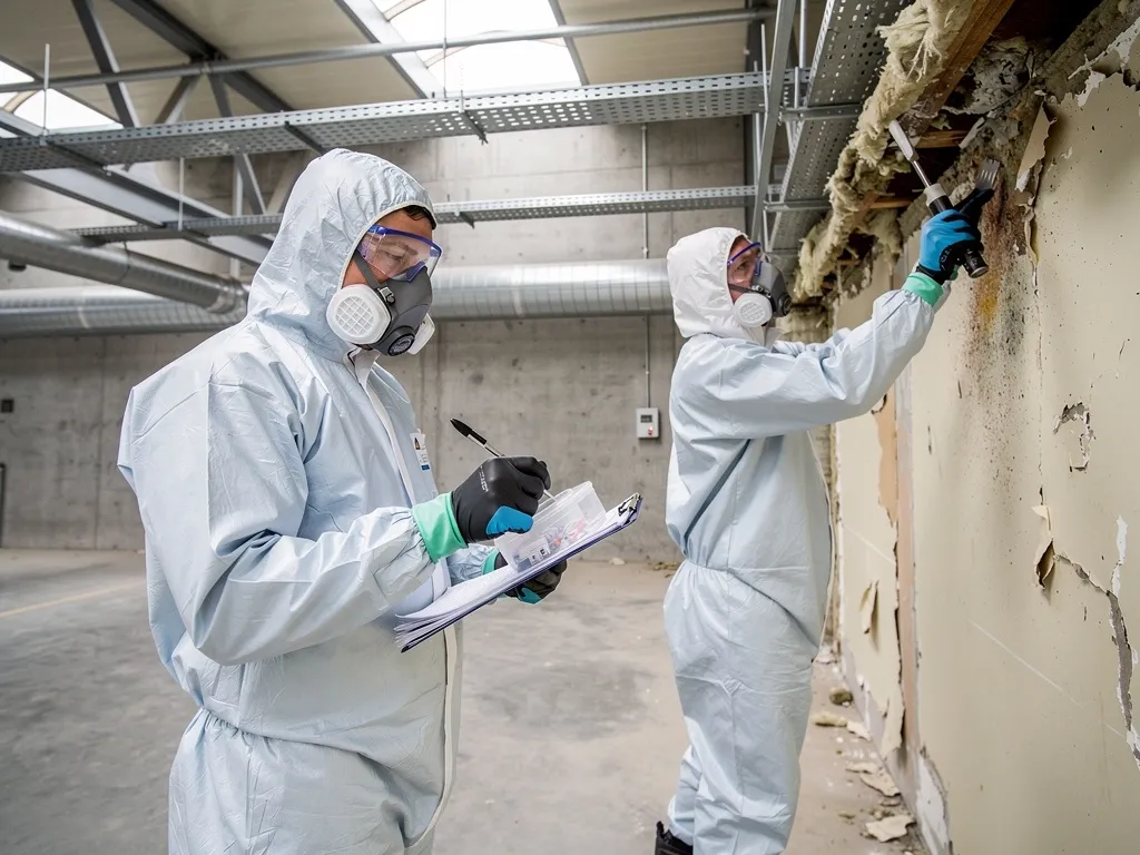 Technician in white protective coveralls and respirator conducting a non-licensed asbestos assessment
