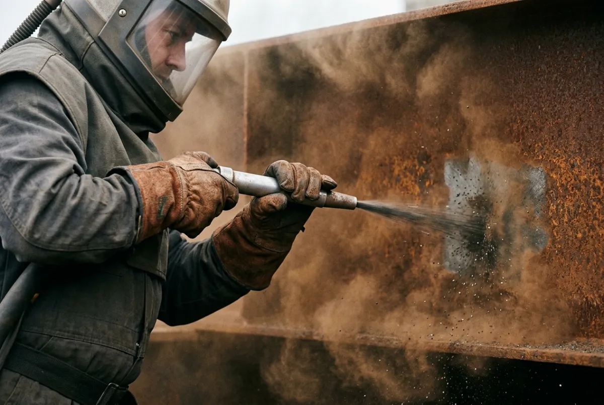 Close-up of an industrial surface being abrasive blasted