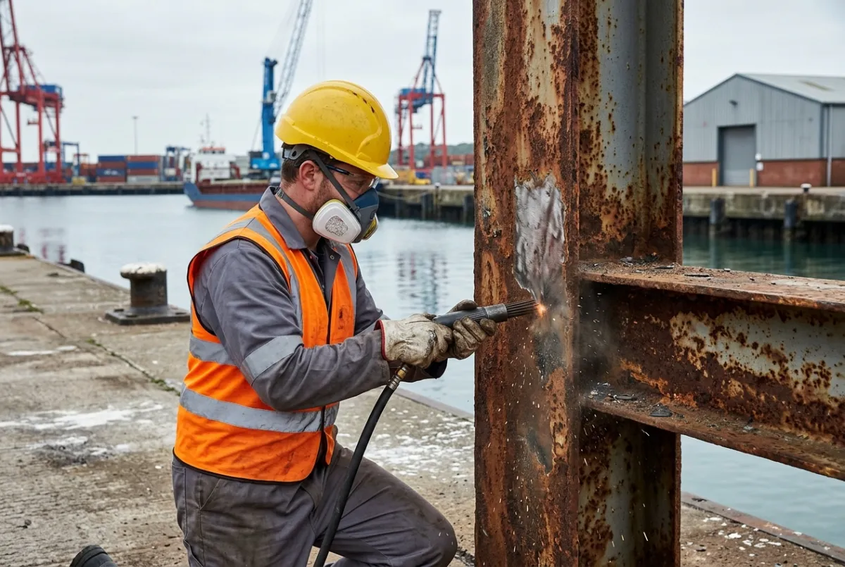 Operative in orange hi-vis PPE and yellow hard hat inspecting a marine piling with a handheld device