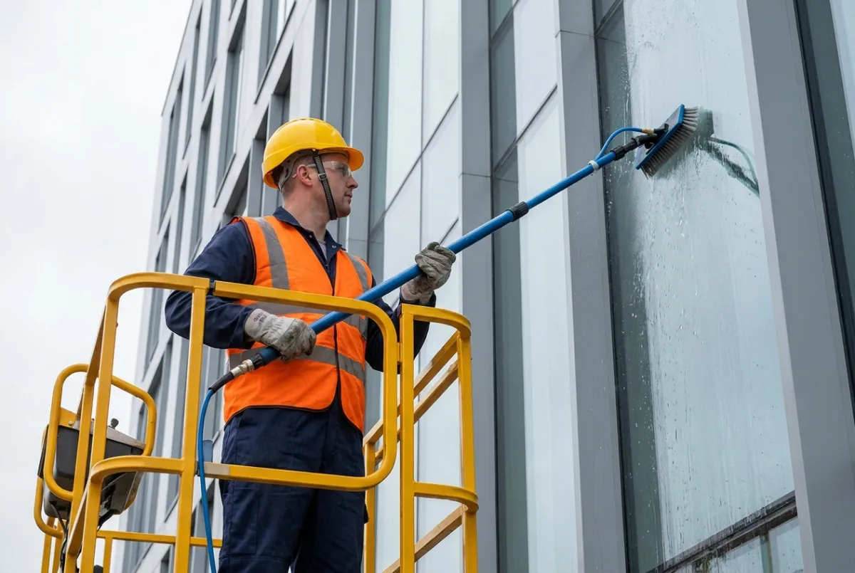 Operative on an elevated platform using a long-reach pole to clean a high-level building facade