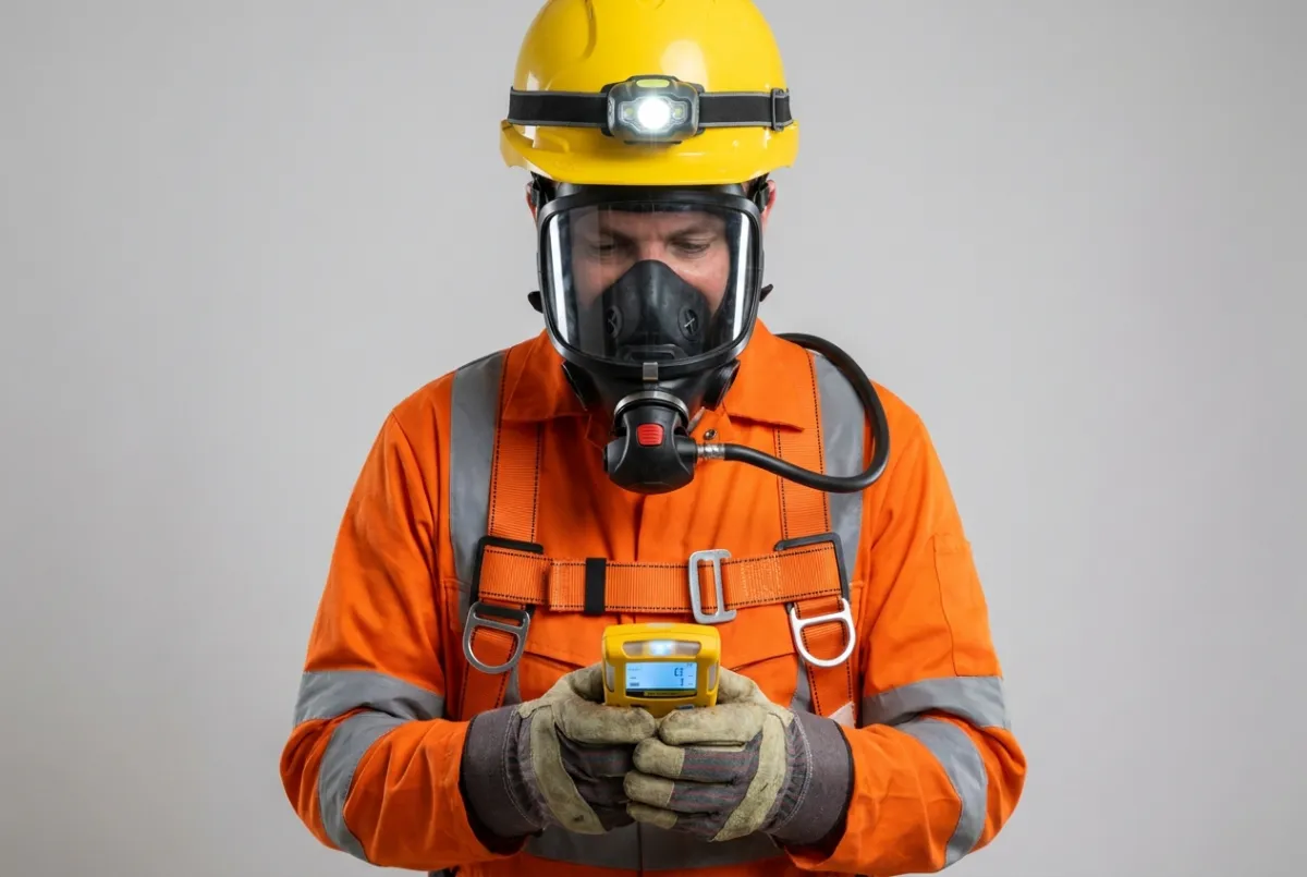 Operative in orange PPE and yellow hard hat prepared for confined space entry