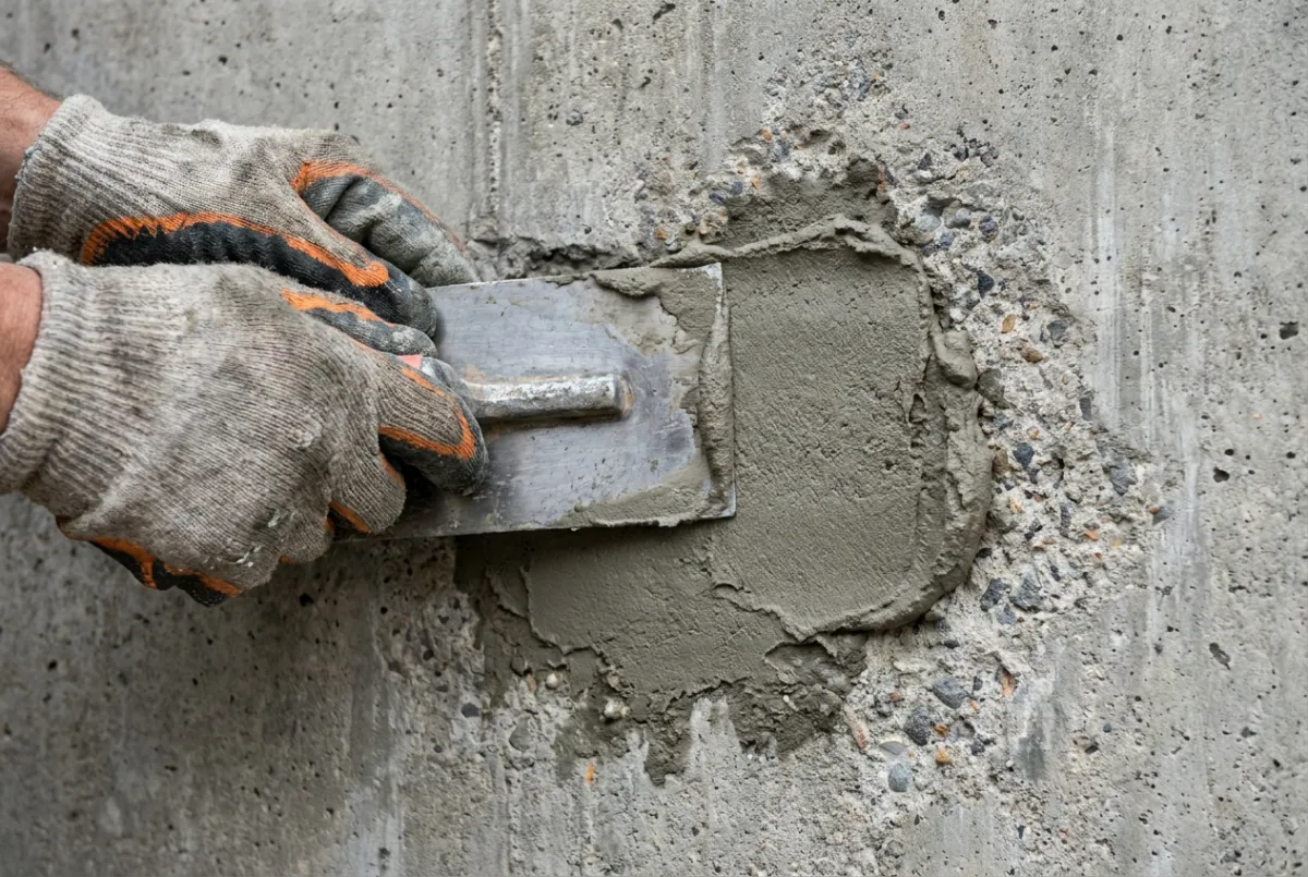 Gloved hand applying concrete repair material to an industrial surface