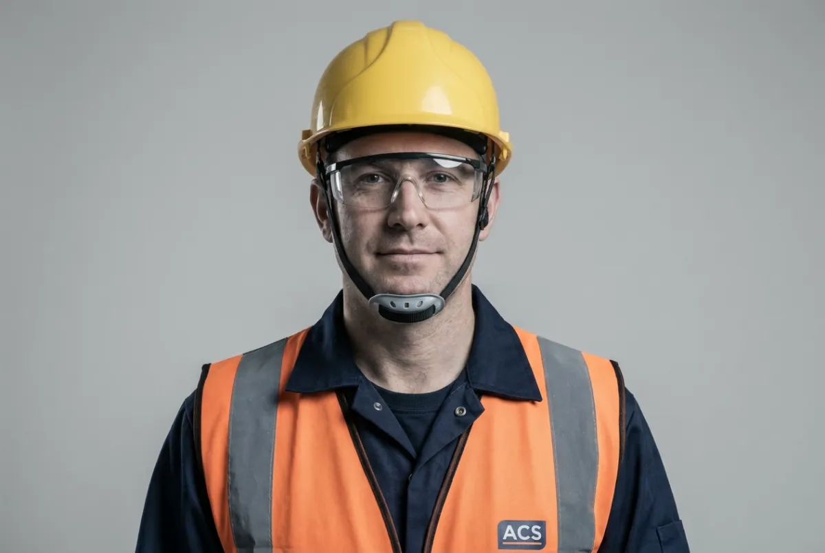 Portrait of an ACS operative in a yellow hard hat and orange hi-vis PPE
