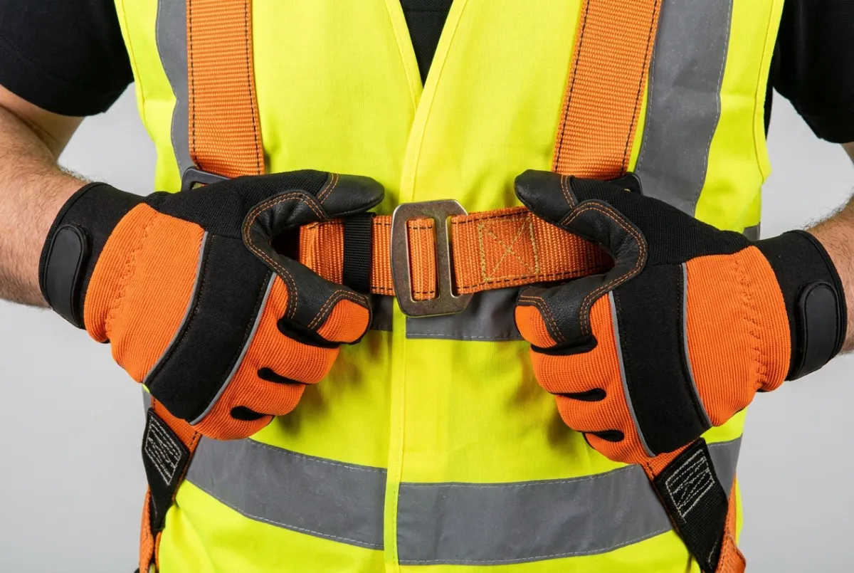 Operative wearing high-visibility safety gear and harness on an industrial site